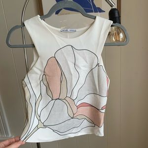 Zara white and pink flower crop tank top